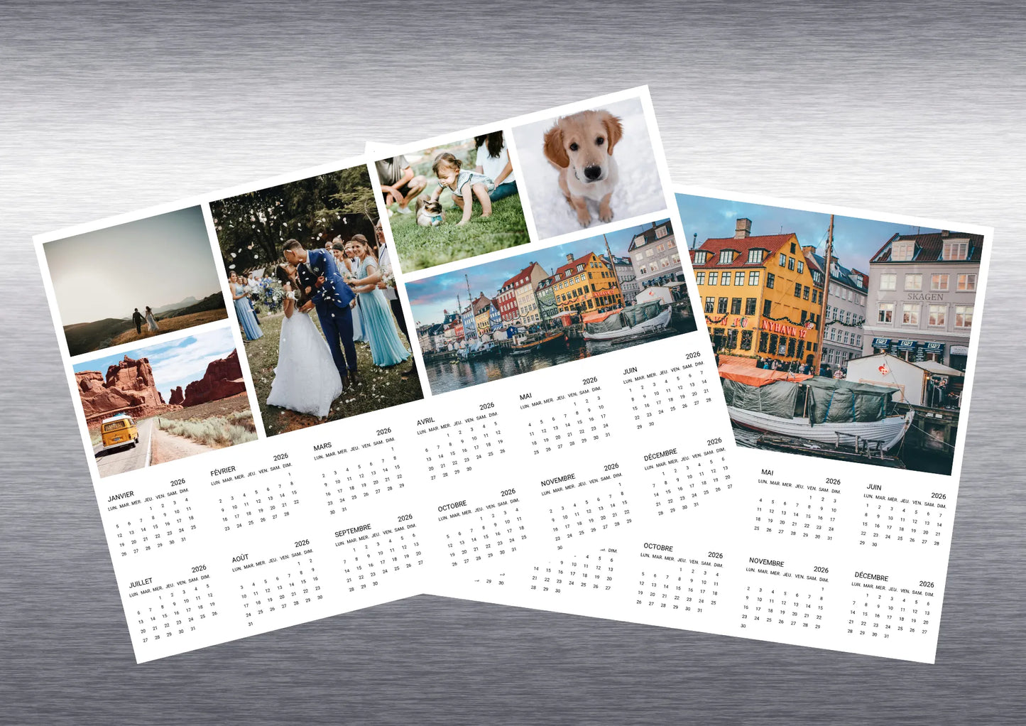 Présentation des deux formats de calendrier magnétique: photo simple ou photos pêle-mêle sur frigo