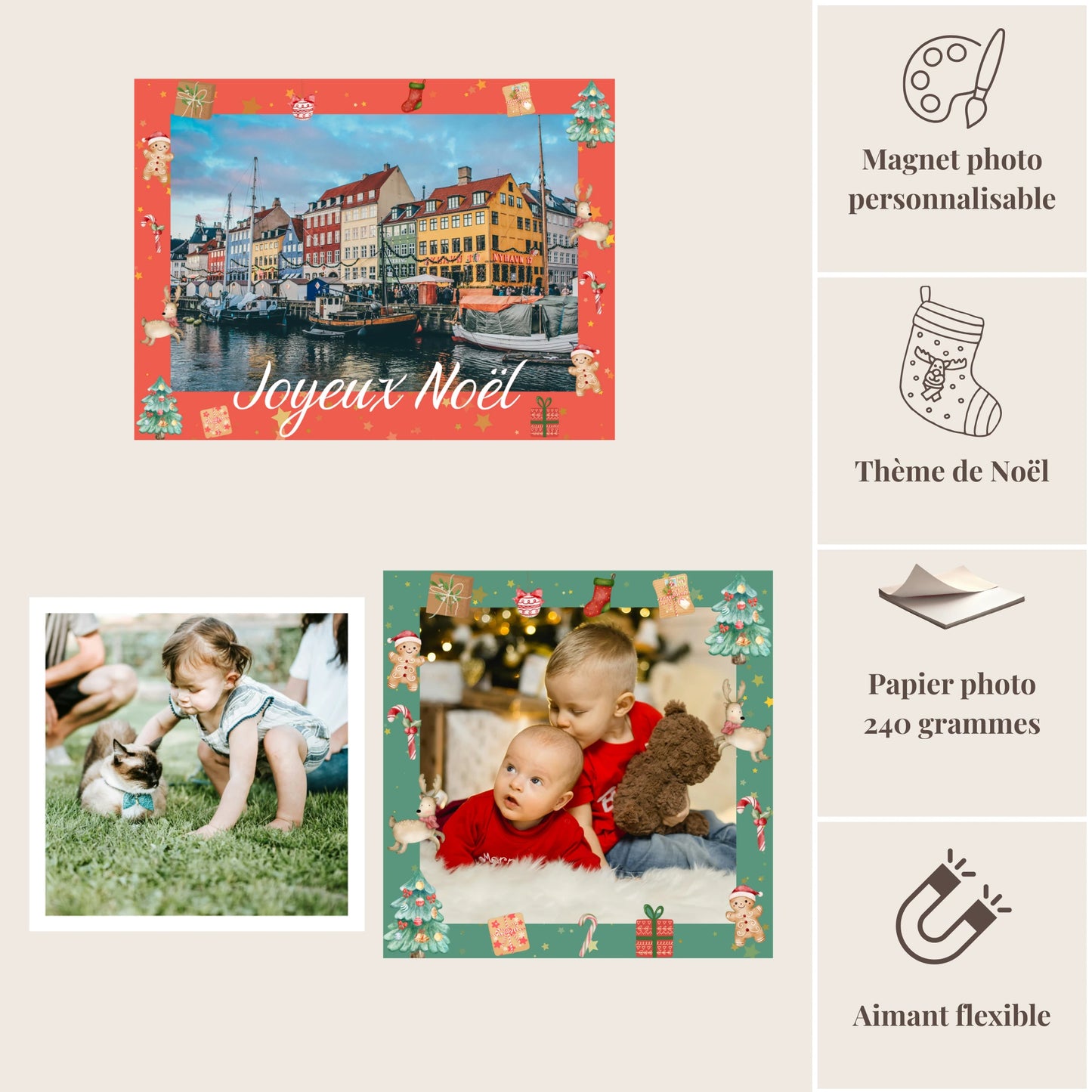 Composition pack trio magnets Noël personnalisés - options rouge et vert