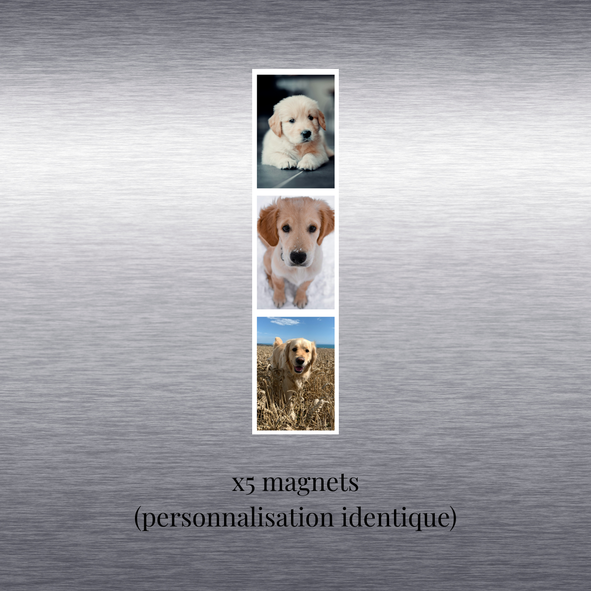 Présentation magnet photo cabine personnalisé sur porte de frigo (lot de 5 magnets avec personnalisation identique)