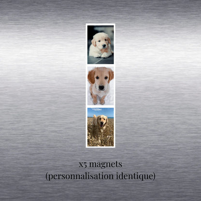 Présentation magnet photo cabine personnalisé sur porte de frigo (lot de 5 magnets avec personnalisation identique)