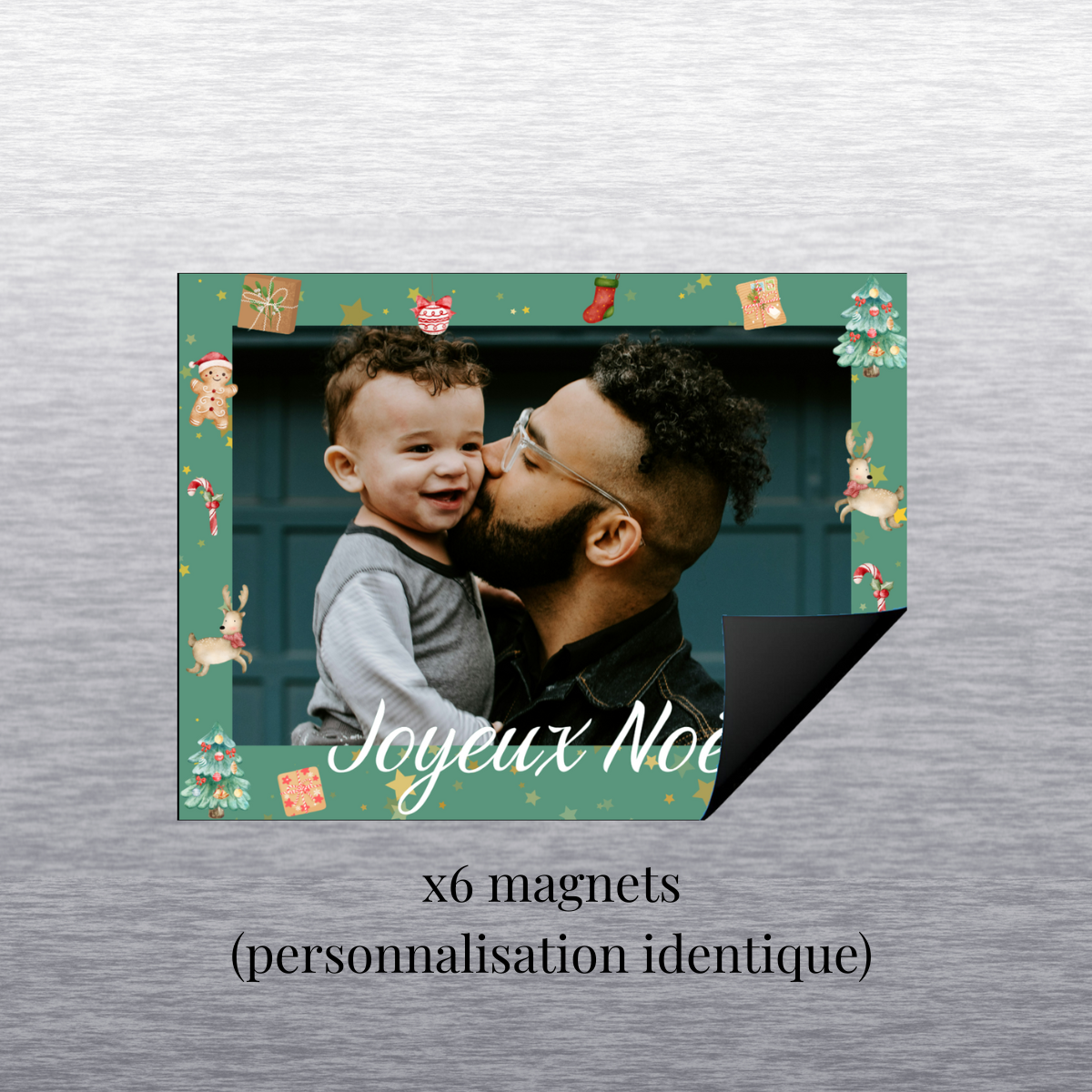 Détail magnet personnalisé Joyeux Noël vert (lot de 6 magnets personnalisation identique)