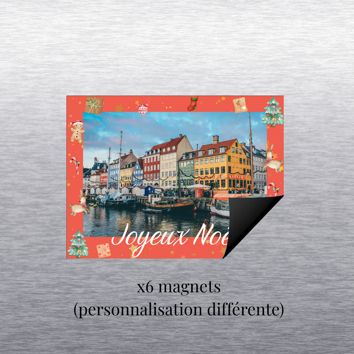 Détail magnet personnalisé Joyeux Noël rouge (lot de 6 magnets personnalisation différente)