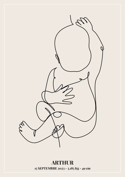 Affiche de naissance personnalisée - style line art - beige sable.