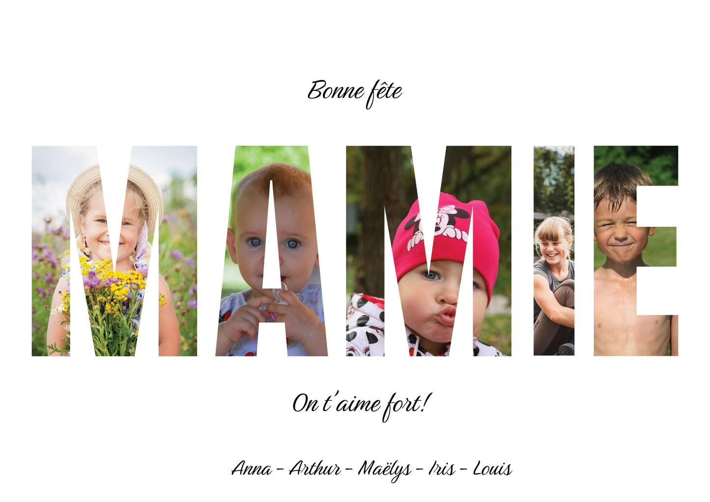 Affiche personnalisée "Bonne fête mamie", chaque lettre du mot mamie contient une photo