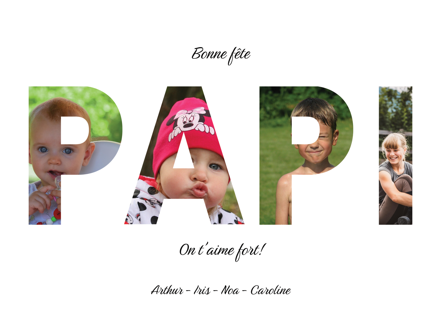 Affiche personnalisée "Bonne fête papi", chaque lettre du mot papi contient une photo