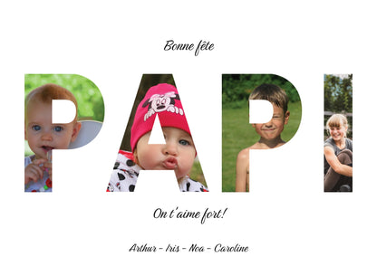 Affiche personnalisée "Bonne fête papi", chaque lettre du mot papi contient une photo