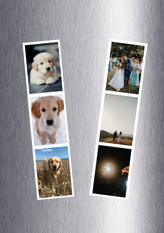 Présentation 2 magnets photo cabine personnalisés sur porte de frigo