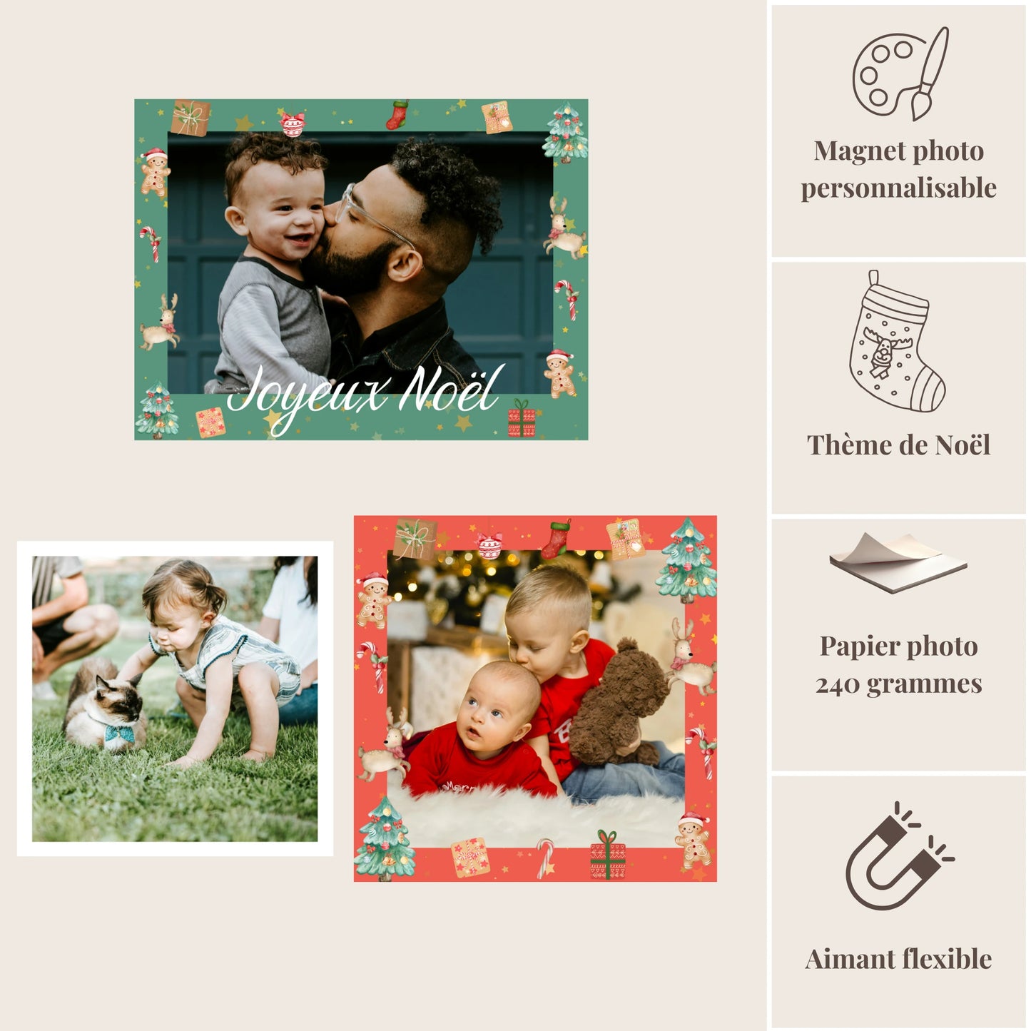 Composition pack trio magnets Noël personnalisés - options rouge et vert