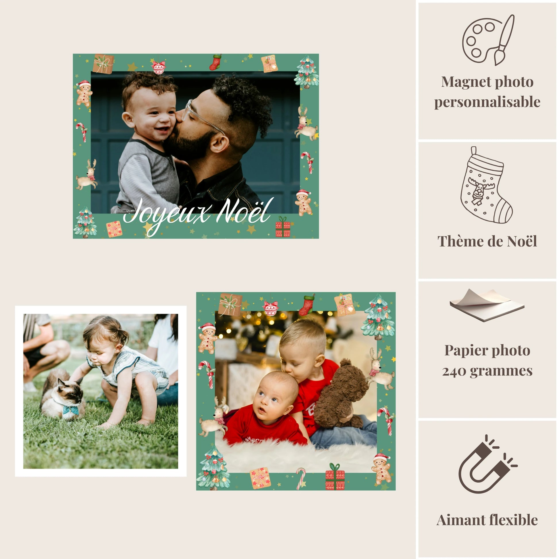 Composition pack trio magnets Noël personnalisés - options rouge et vert