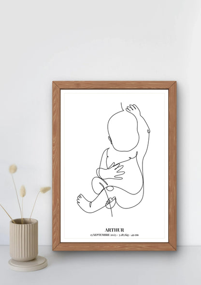 Affiche de naissance personnalisée et encadrée - style line art - blanc.