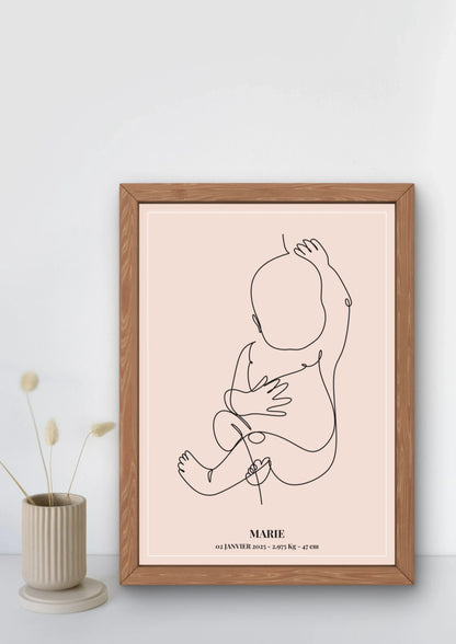Affiche de naissance personnalisée et encadrée - style line art - rose blush.