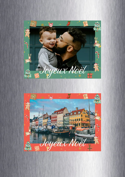 Présentation des magnets personnalisés Joyeux Noël, un fond vert , l'autre fond rouge