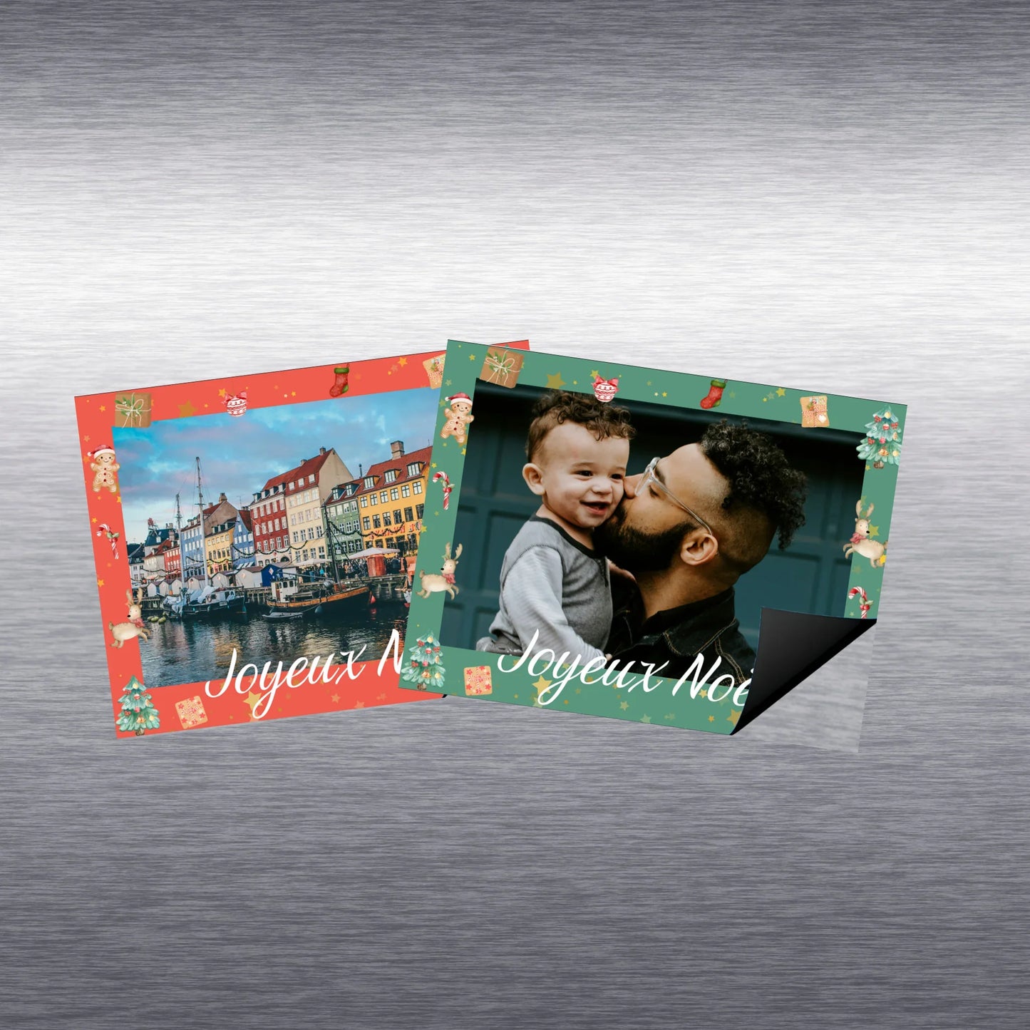 Magnet photo Joyeux Noël personnalisé sur frigo - Exemple avec pli photo