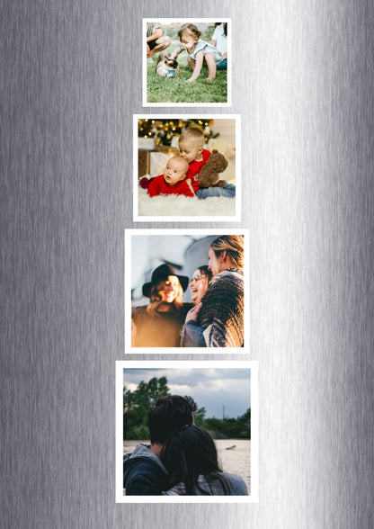 Présentation magnets carrés personnalisés sur frigo, existe en 4 tailles