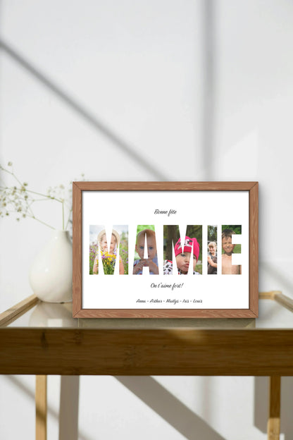 Affiche personnalisée "Bonne fête mamie", chaque lettre du mot mamie contient une photo, dans un cadre en chêne