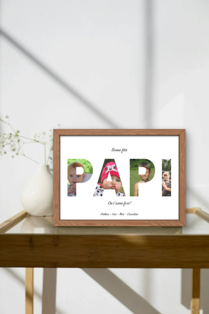 Affiche personnalisée "Bonne fête papi", chaque lettre du mot papi contient une photo, dans un cadre en chêne