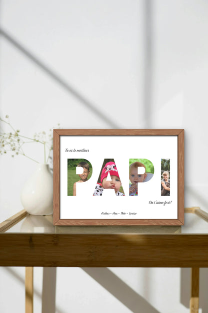 Affiche personnalisée "Tu es le meilleur papi", chaque lettre du mot papi contient une photo, dans un cadre en chêne