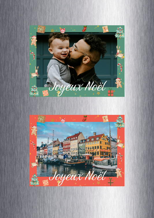 Présentation des magnets personnalisés Joyeux Noël, un fond vert , l'autre fond rouge