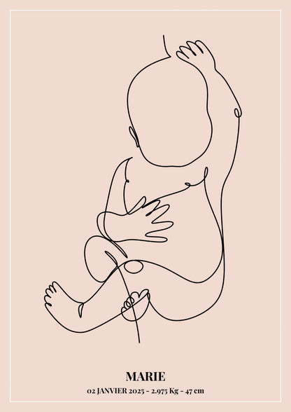 Affiche de naissance personnalisée - style line art - rose blush.