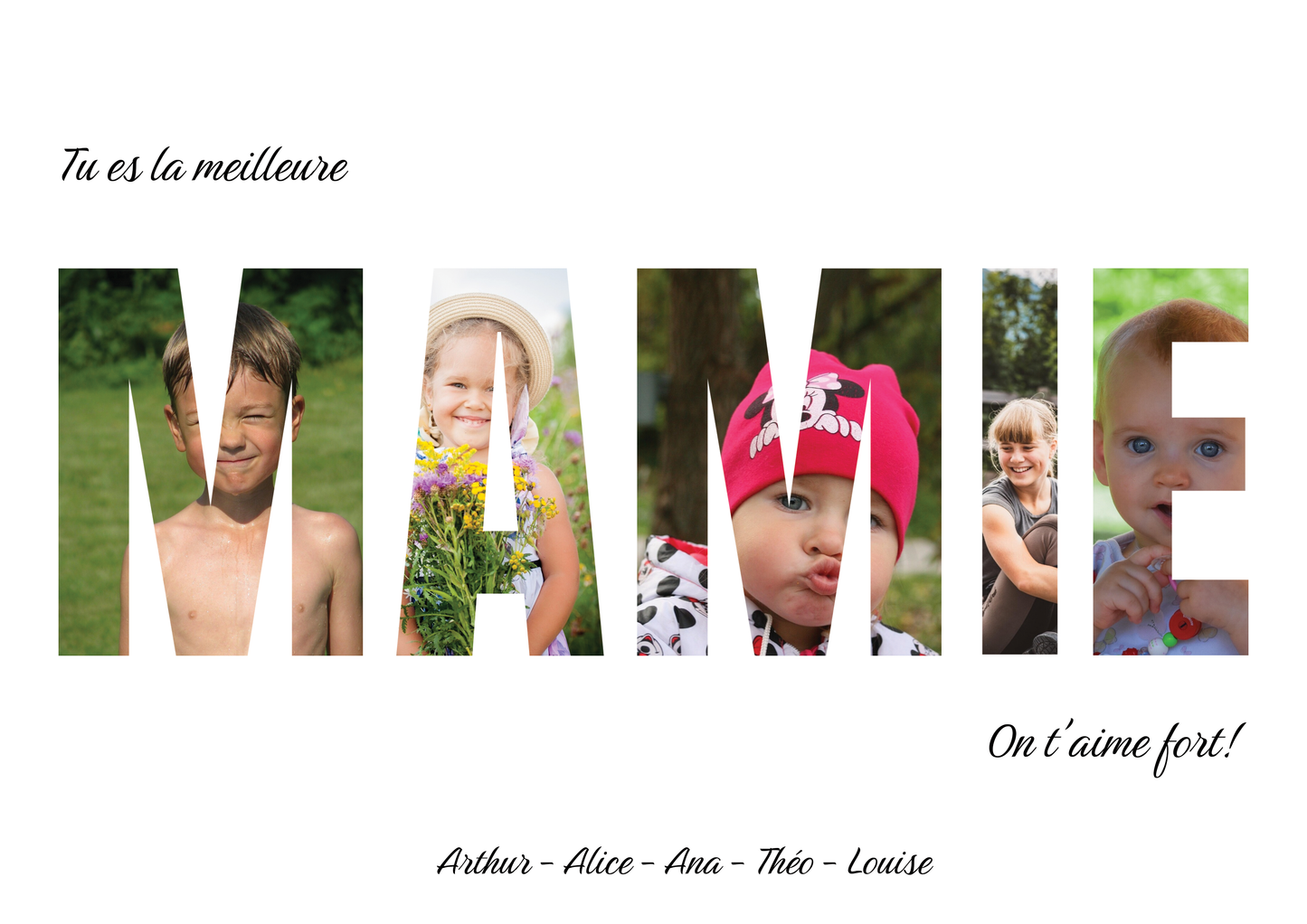 Affiche personnalisée "Tu es la meilleure mamie", chaque lettre du mot mamie contient une photo