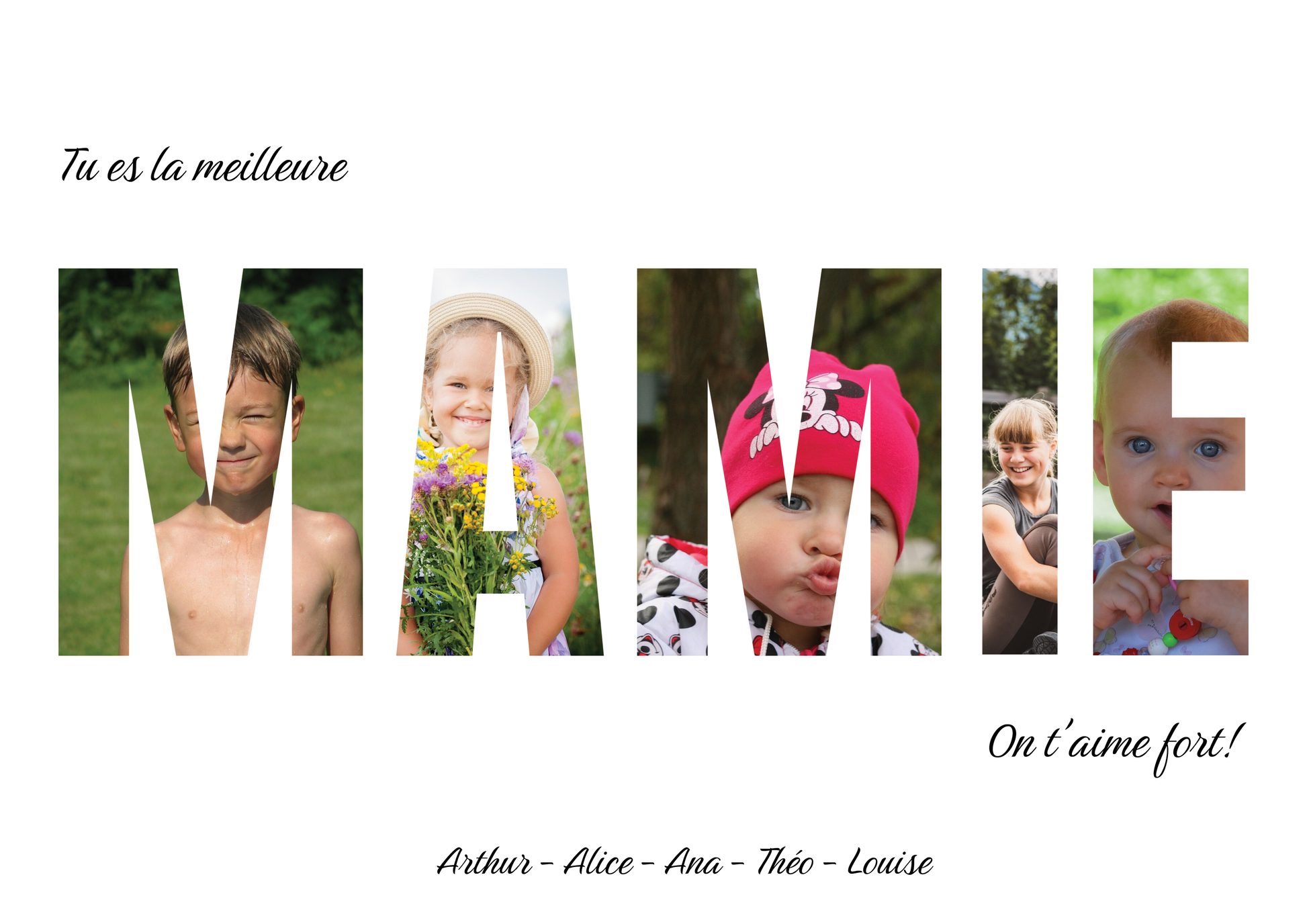Affiche personnalisée "Tu es la meilleure mamie", chaque lettre du mot mamie contient une photo