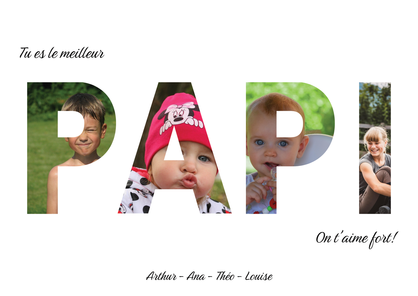 Affiche personnalisée "Tu es le meilleur papi", chaque lettre du mot papi contient une photo