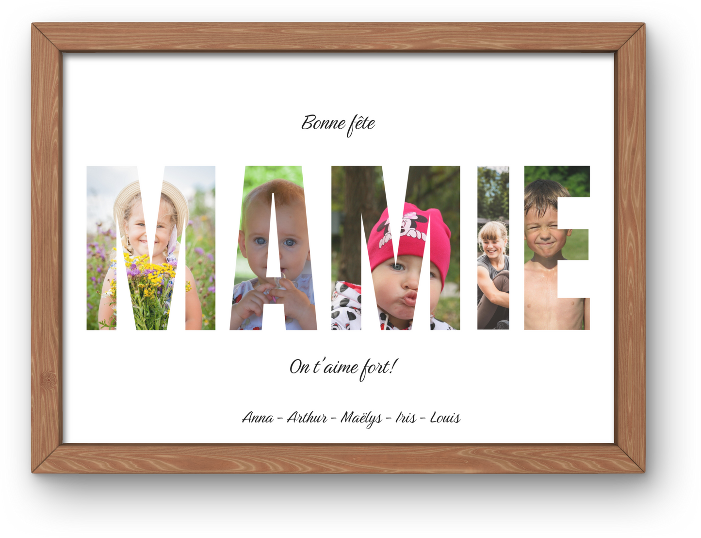Affiche personnalisée "Bonne fête mamie", chaque lettre du mot mamie contient une photo, dans un cadre en chêne