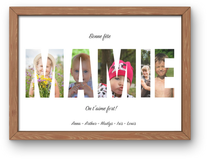 Affiche personnalisée "Bonne fête mamie", chaque lettre du mot mamie contient une photo, dans un cadre en chêne