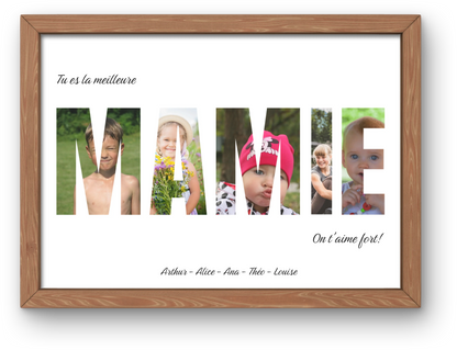 Affiche personnalisée "Tu es la meilleure mamie", chaque lettre du mot mamie contient une photo, dans un cadre en chêne