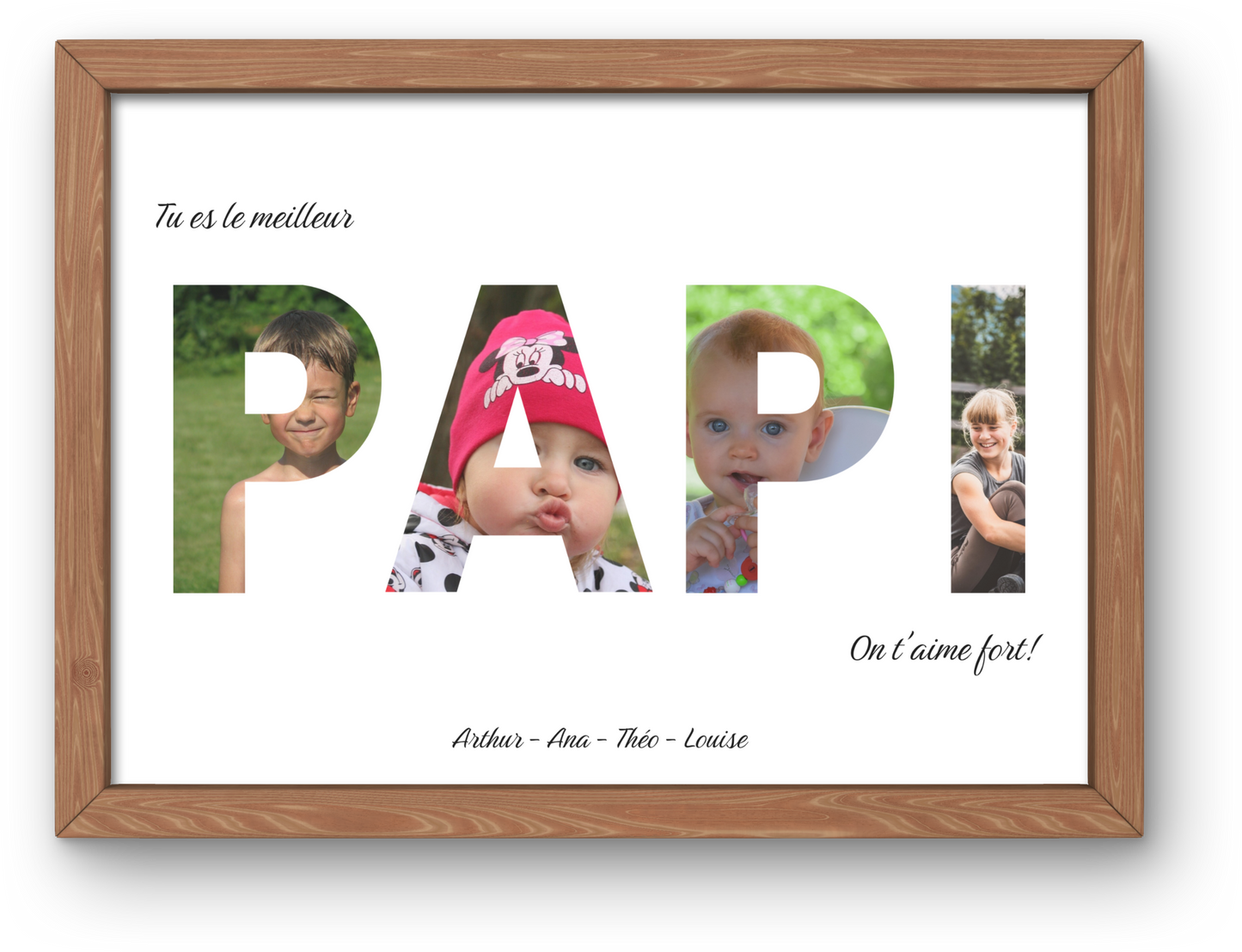 Affiche personnalisée "Tu es le meilleur papi", chaque lettre du mot papi contient une photo, dans un cadre en chêne