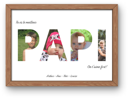 Affiche personnalisée "Tu es le meilleur papi", chaque lettre du mot papi contient une photo, dans un cadre en chêne