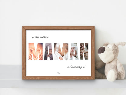 Cadre photo avec message pour maman et photos de bébé, décor minimaliste, peluche tricotée